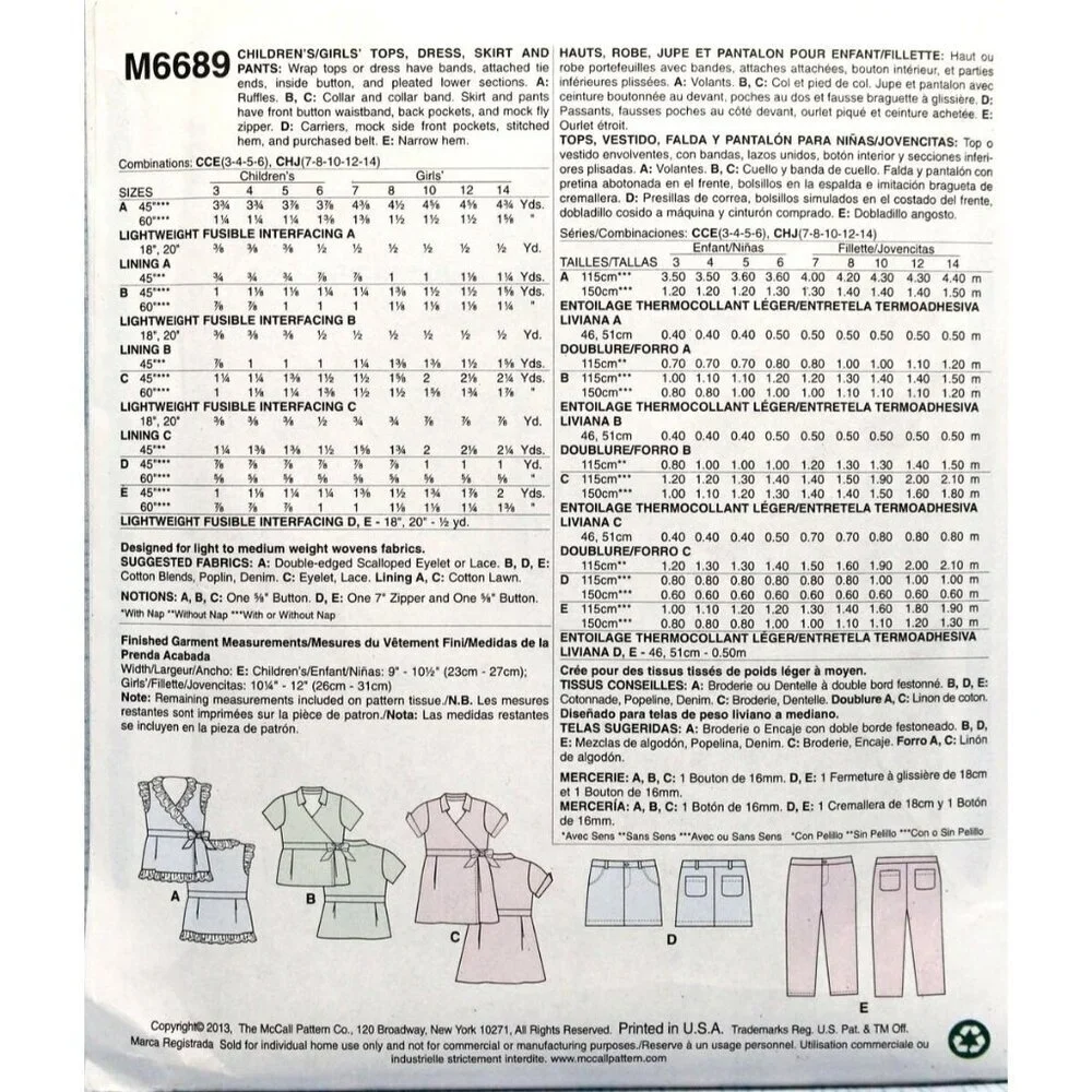 McCalls Sewing Pattern M6689 Tops Dress‎ Skirt Pants Girls Size 3-6
